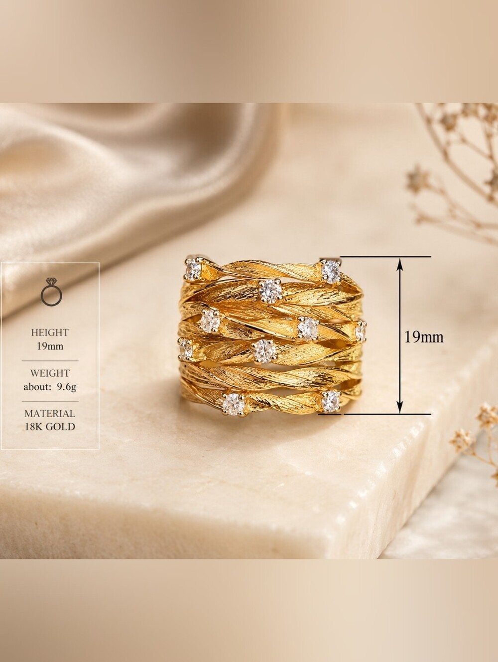 Textured Gold Multi-Band Ring with Clear Stones - Women Jewelry - Picture 6 of 8
